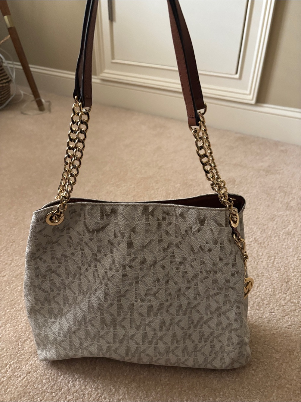 Michael Kors Beige Monogram Chain-Handle Shoulder Bag